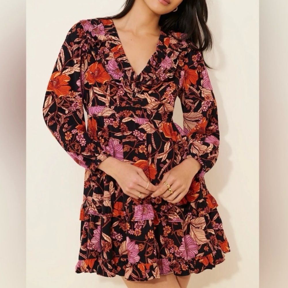 Pilcro‎ Anthropologie Tiered Corduroy Floral Mini Dress Black Pink Orange Small